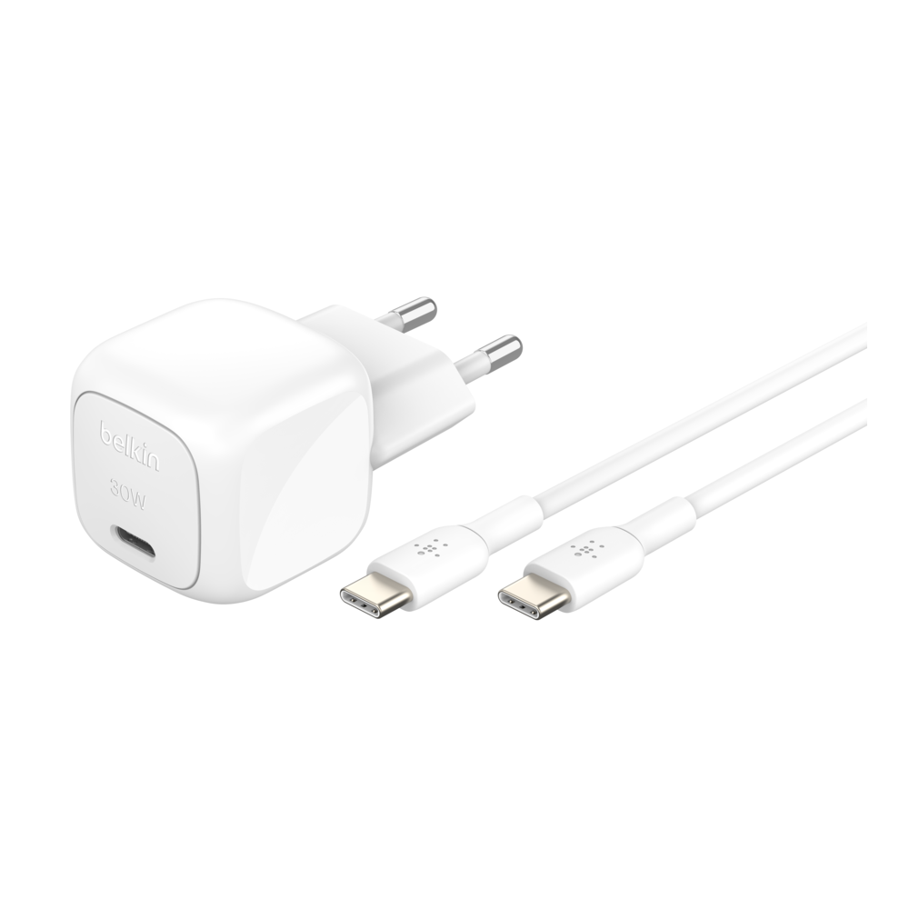 Chargeur secteur BoostCharge USB-C compact (30 W) / câble USB-C vers USB-C / Blanc