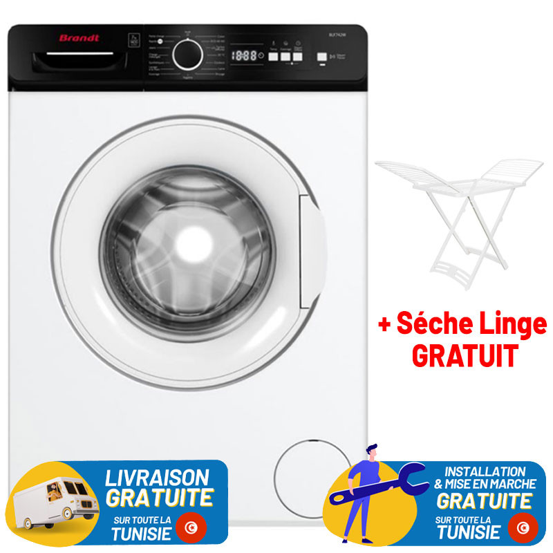 LAVE LINGE BRANDT 7KG 1400trs/min Blanc avec Bandeau Noir + Sèche Linge plastique Gratuit