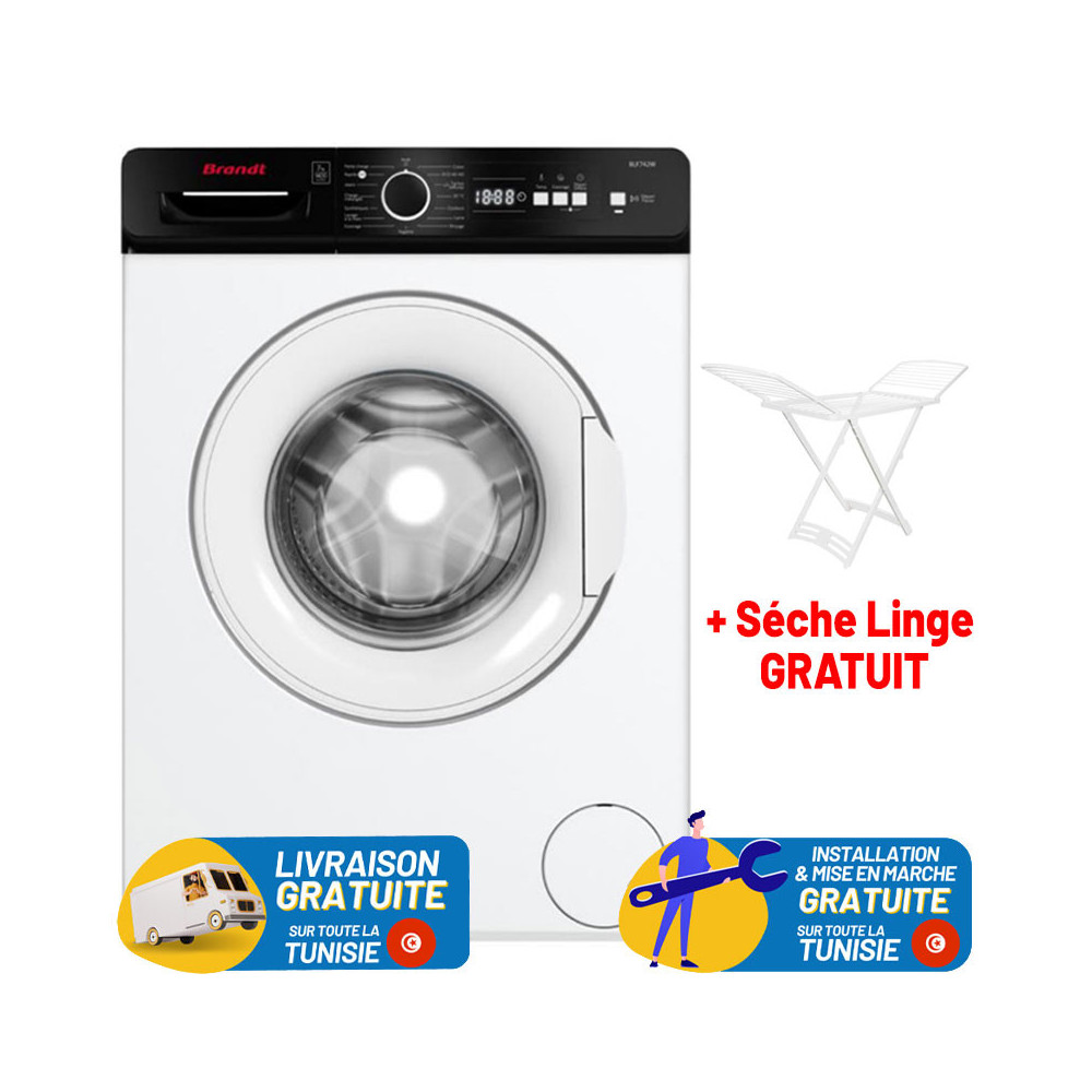 LAVE LINGE BRANDT 7KG 1400trs/min Blanc avec Bandeau Noir + Sèche Linge plastique Gratuit