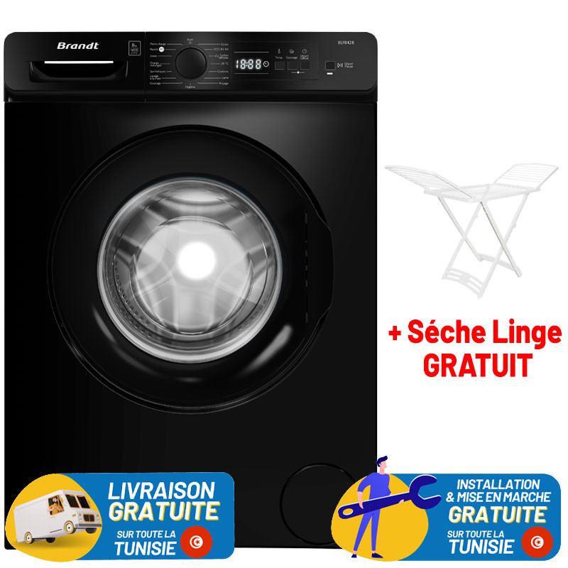 Machine à Laver Automatique BRANDT 8Kg 1400tr NOIR + Sèche Linge plastique Gratuit
