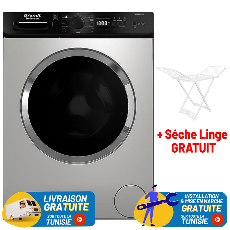 Machine à Laver Frontale BRANDT Inverter / 9 Kg / 1400Tr / Silver + Sèche Linge plastique Gratuit