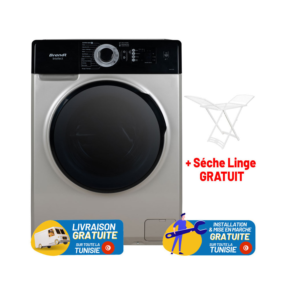 Lave linge Frontale Brandt BAM74SBL 7Kg / Silver / édition noir + Sèche Linge plastique Gratuit