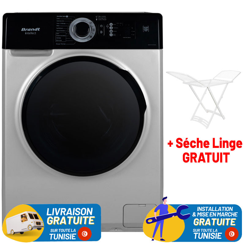Lave Linge Frontal BRANDT 10.5kg / SILVER + Sèche Linge plastique Gratuit