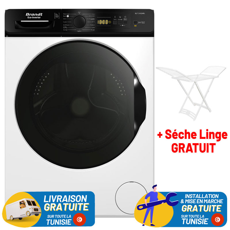Machine à Laver BRANDT 12Kg INVERTER / BLANC + Sèche Linge plastique Gratuit