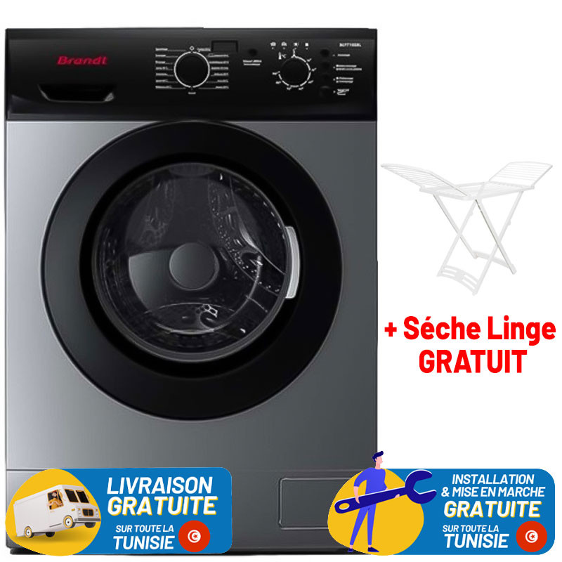 Machine À Laver Frontale BRANDT 7KG / 1000 TRS / SILVER + Sèche Linge plastique Gratuit (G-SEP)