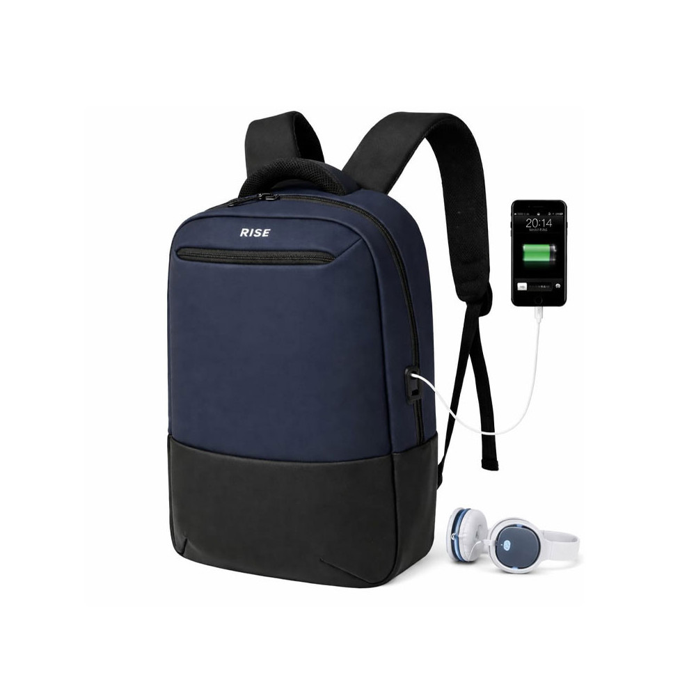 SAC A DOS RISE 16.1'' AVEC PORT USB INTEGRE( USB A + TYPE C) / IMPERMEABLE / Noir et Bleu