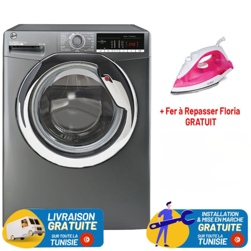 Lave linge Hoover H-WASH 300 LITE 10.5 KG Smart / 1400 trs / Silver + Fer à Repasser Floria  GRATUIT