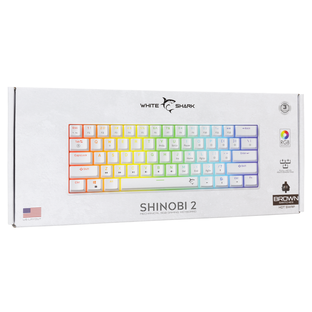 Clavier Gaming Mécanique White Shark GK-004231 SHINOBI-2 / US - BROWN.SW / Blanc