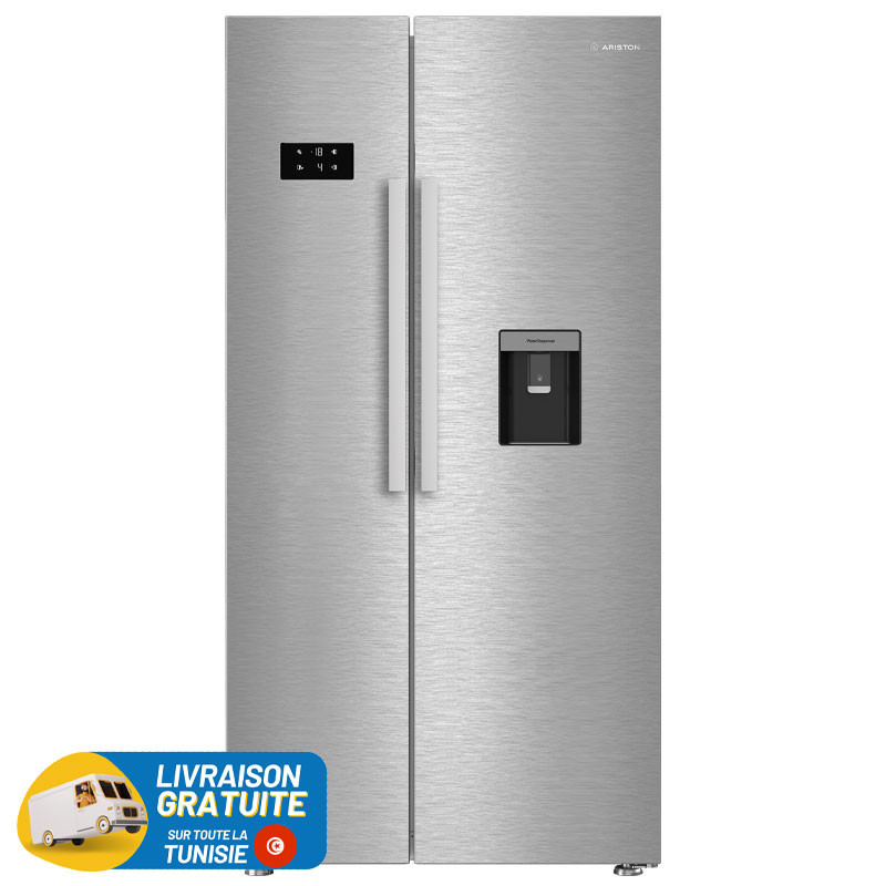 RÉFRIGÉRATEUR ARISTON No Frost  SIDE BY SIDE 630 Litres / inox avec Afficheur et Distributeur d'eau