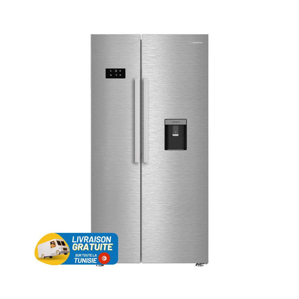 RÉFRIGÉRATEUR ARISTON No Frost SIDE BY SIDE 630 Litres / inox avec Afficheur et Distributeur d'eau