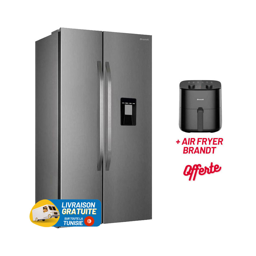 Réfrigérateur BRANDT No Frost SIDE by SIDE 529 Litres / Inox  avec Distributeur d'eau + AIR FRYER BRANDT OFFERTE