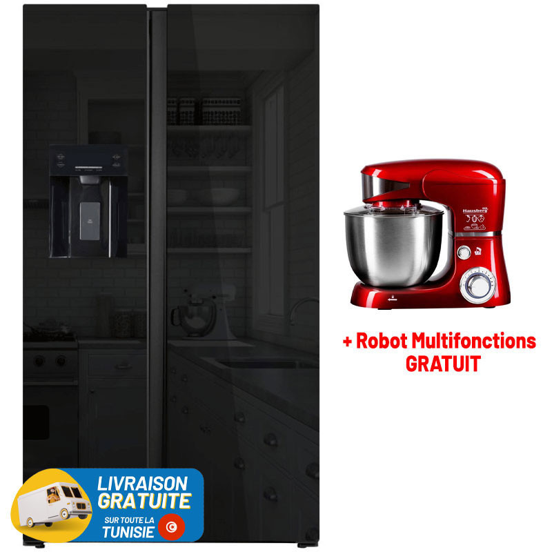 Réfrigérateur Hyundai No Frost INVERTER Side By Side 556 Litres / Verre Noir + Robot Multifonctions GRATUIT