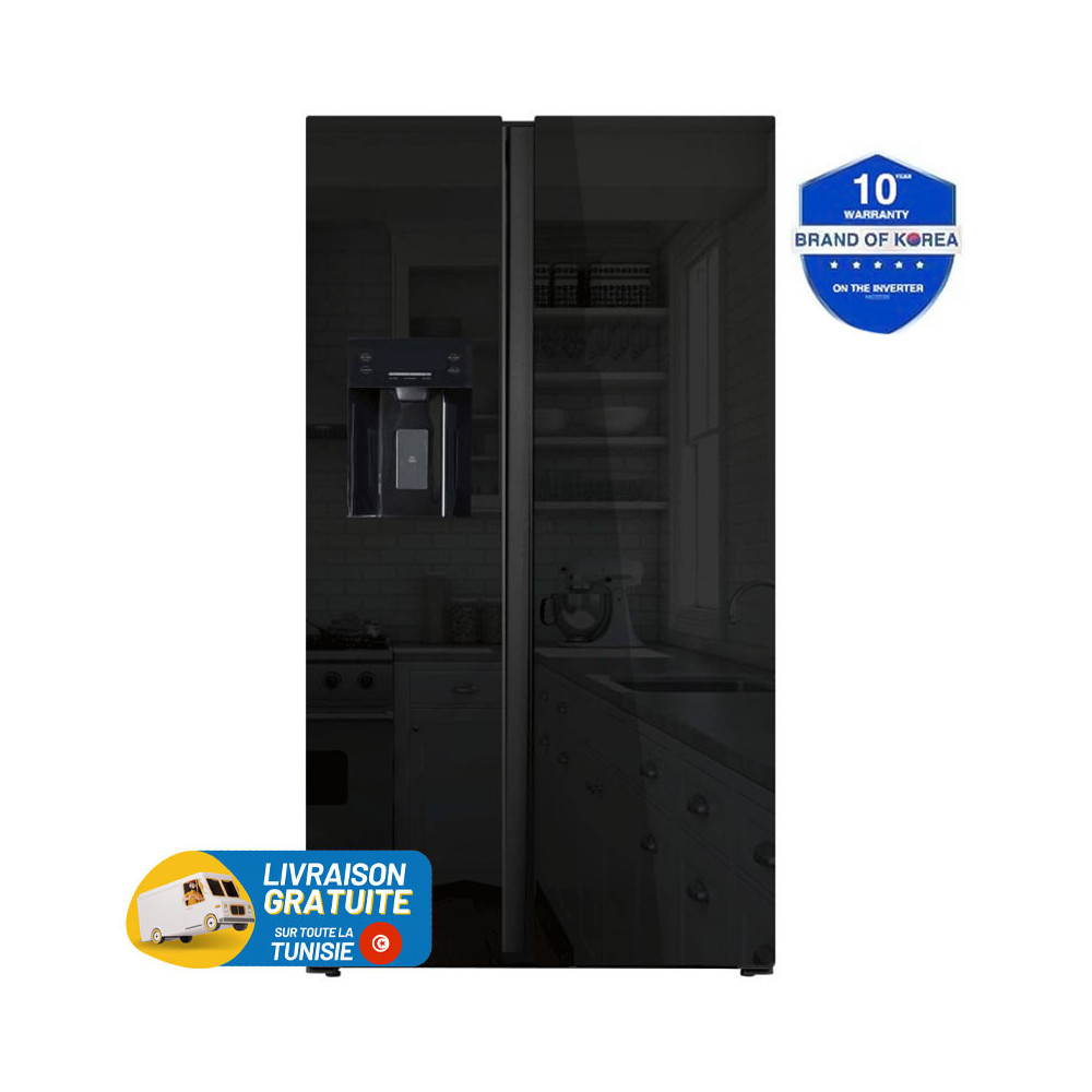 Réfrigérateur Hyundai No Frost INVERTER Side By Side 556 Litres / Verre Noir / Avec Distributeur d'eau