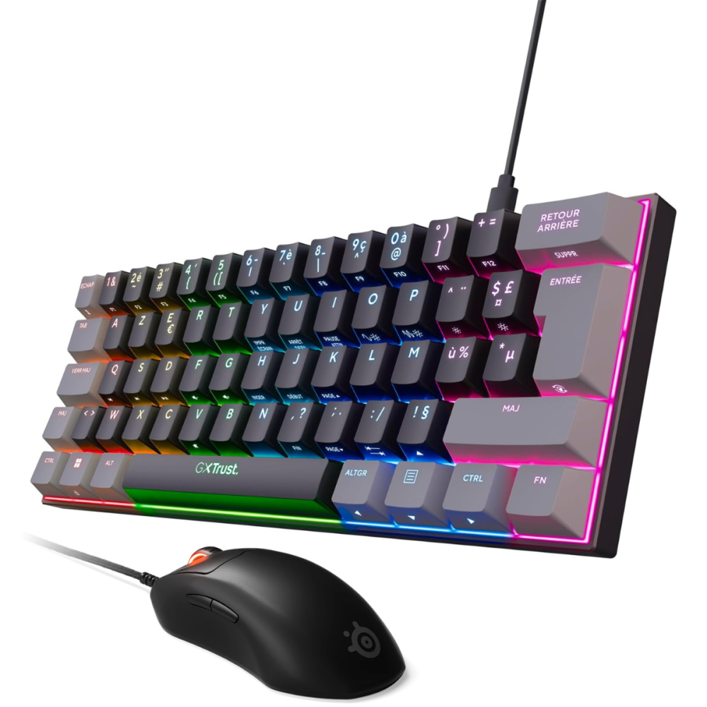Ensemble Mini Clavier Gamer Filaire Mécanique TRUST ACIRA GXT867 / Noir Avec Souris Gaming SteelSeries Prime+ / Noir