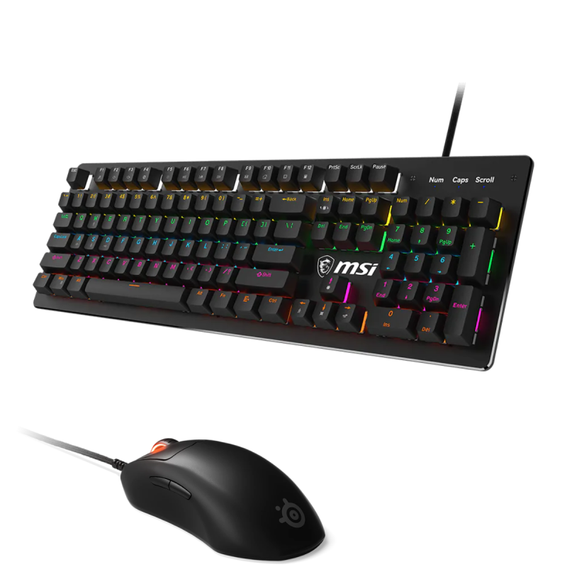 Ensemble Clavier gaming mécanique MSI Forge GK300 / AZERTY / 9 Modes RGB / Blue Switch / Noir Avec Souris Gaming SteelSeries Prime+ / Noir