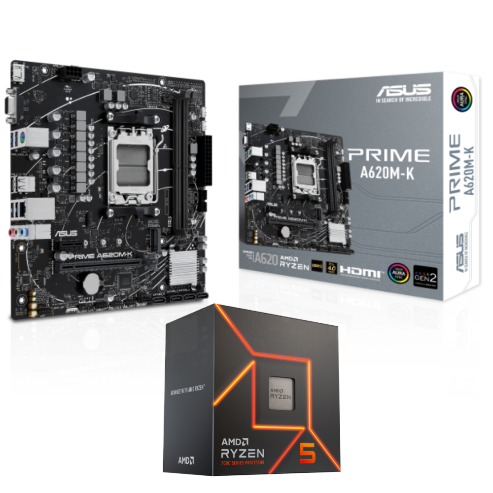 Pack Processeur AMD Ryzen 5 7600 / Box Avec Carte mère ASUS PRIME A620M-K / Micro ATX / AM5 / DDR5
