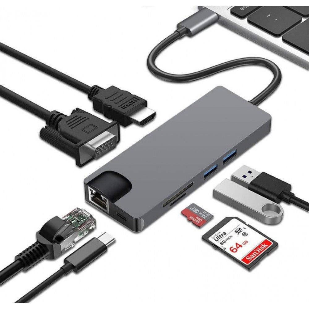 STATION D'ACCUEIL TYPE C VERS 8EN1(RJ45+HDM+VGA+TypeC+2x USB+PD)