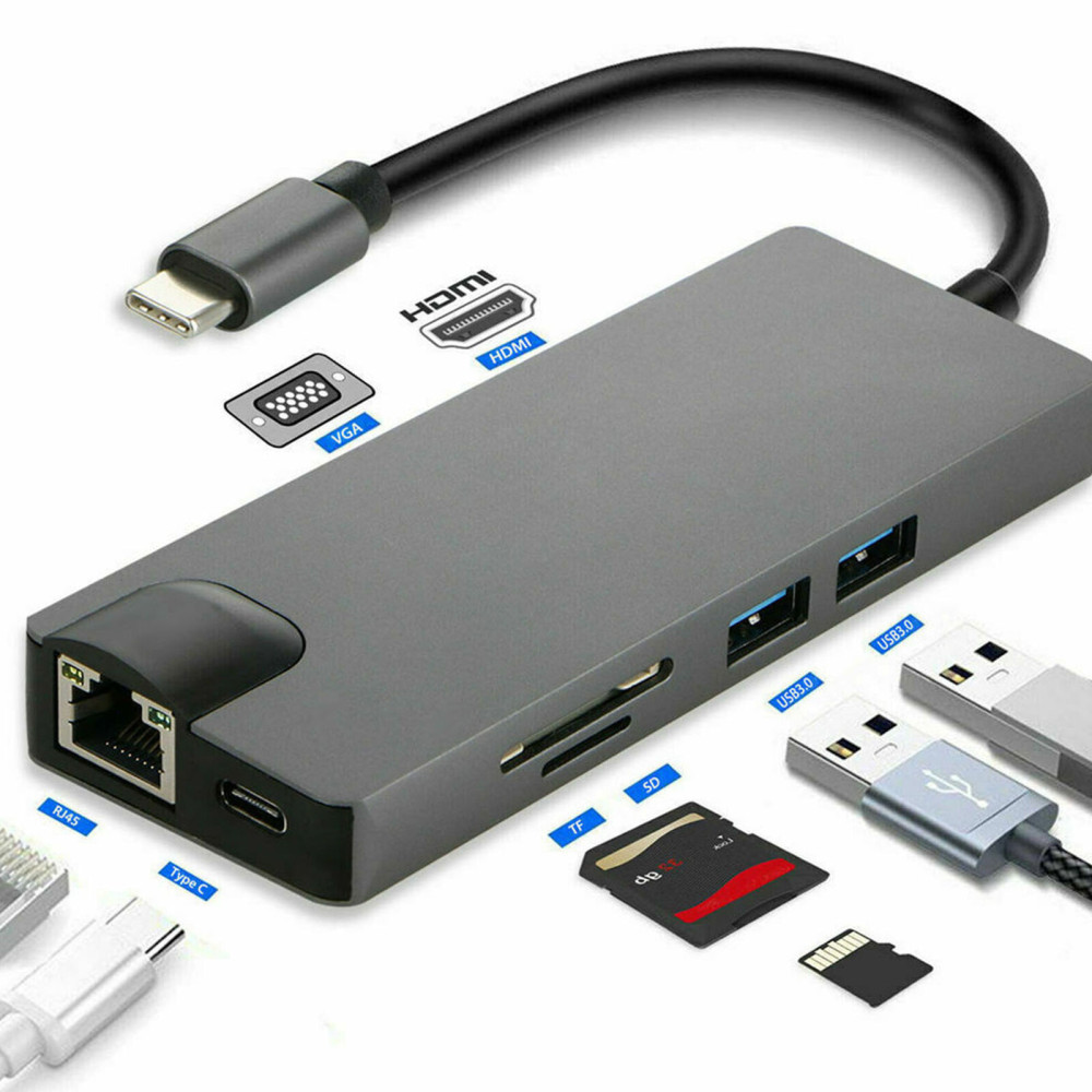 STATION D'ACCUEIL TYPE C VERS 8EN1(RJ45+HDM+VGA+TypeC+2x USB+PD)