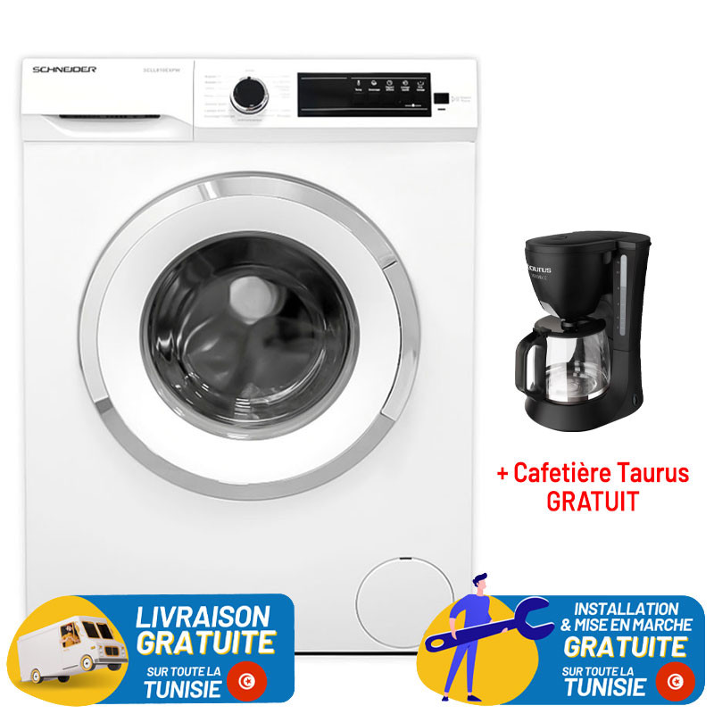 Machine à laver Frontale SCHNEIDER avec Afficheur 8 KG / Blanc + Cafetière Taurus GRATUIT