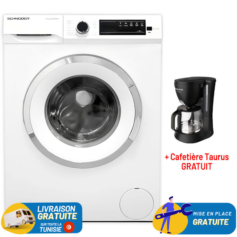 Machine à laver Frontale SCHNEIDER avec Afficheur 8 KG / Blanc + Cafetière Taurus GRATUIT
