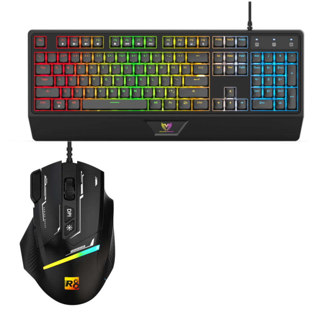 Pack Clavier Gamer Filaire STAR WAVE GK1009 AZERTY RGB / Noir Avec SOURIS OPTIQUE R8 8D / 7200 DPI / RGB / G208 / Noir