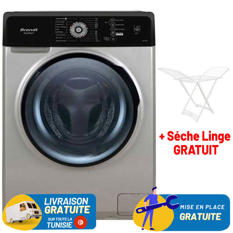 Machine À Laver Automatique Brandt BAL82SBL / 8Kg / Black Edition + Sèche Linge plastique Gratuit