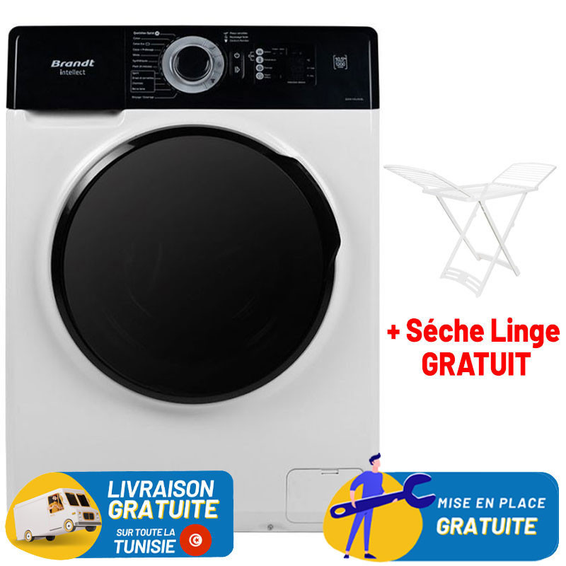 Lave Linge Frontal BRANDT 10.5kg / Blanc + Sèche Linge plastique Gratuit