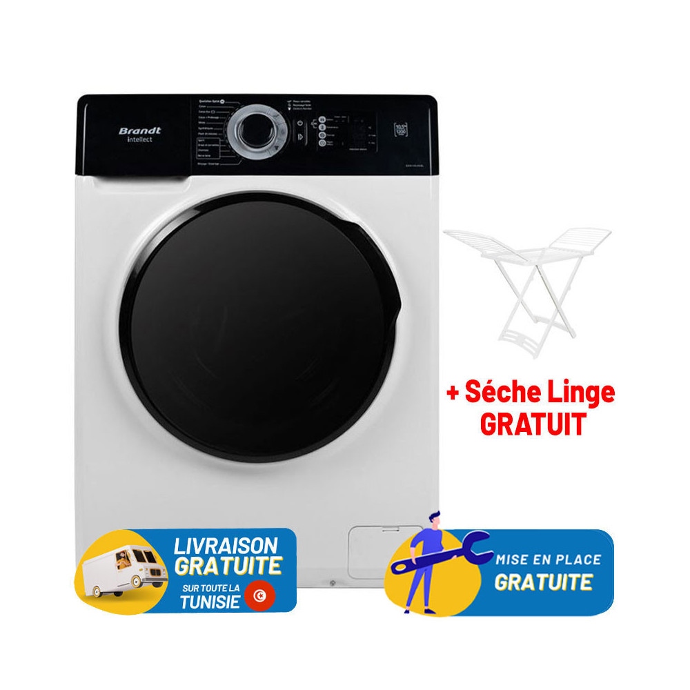 Lave Linge Frontal BRANDT 10.5kg / Blanc + Sèche Linge plastique Gratuit