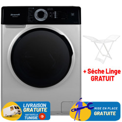Lave Linge Frontal BRANDT 10.5kg / SILVER + Sèche Linge plastique Gratuit