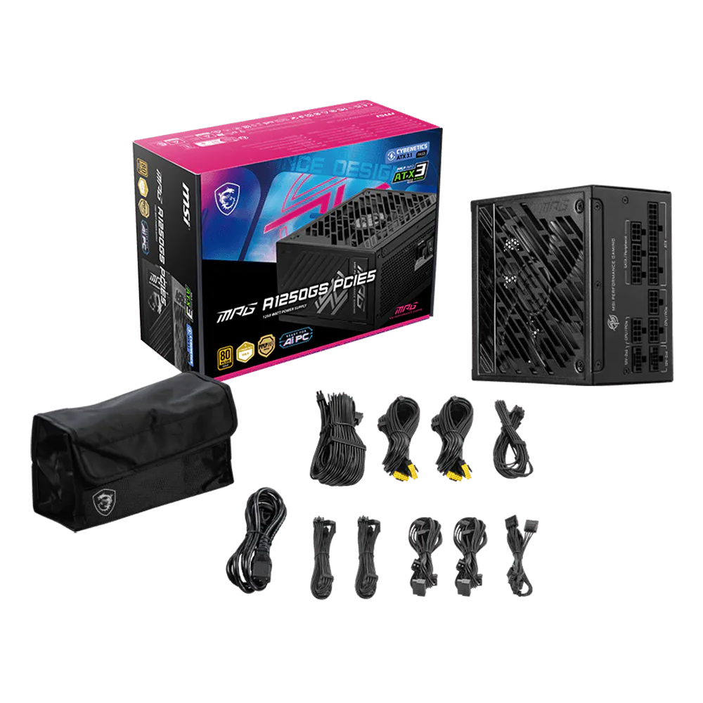 Boîte d'alimentation MSI MPG A1250GS PCIE5 / 80 PLUS Gold / Modulaire / 1250 Watts / ATX / Noir
