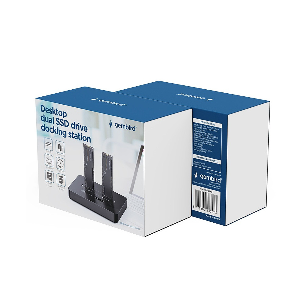 Station d'accueil Gembird double disque SSD USB Type-C M.2 NVMe et SATA
