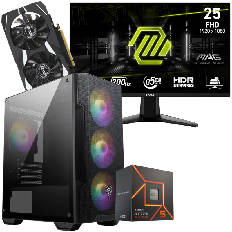Setup Gamer Special Pc de Bureau Gaming / Ryzen 5 7500F / RTX 3050 6G / 16 Go Avec Écran Gaming MSI MAG 24.5" Full HD IPS / 200 Hz