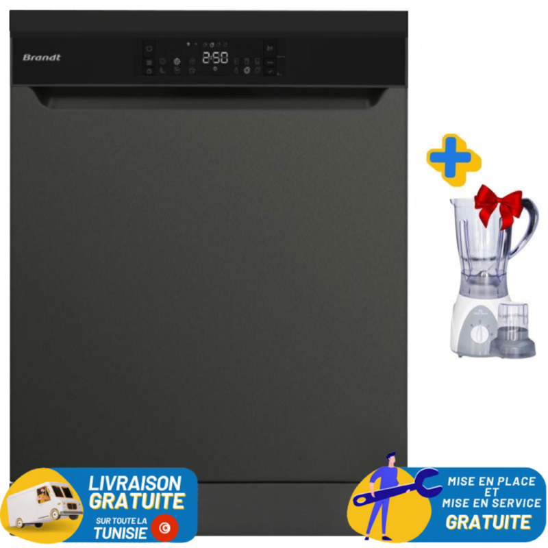 Lave Vaisselle BRANDT 16 couverts avec afficheur DARK SILVER + Blender 2en1 400W Offert