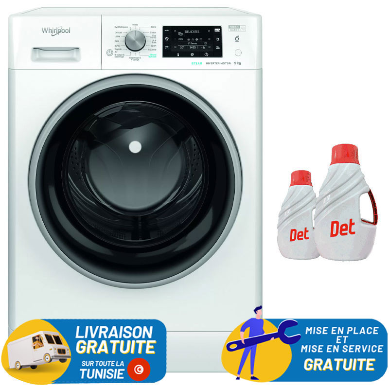 Machine à laver HUBLOT POSABLE Whirlpool FFWD 9248 WBS V NA / 9 Kg / Blanc + Det 2.5L + Det 1L Offerts