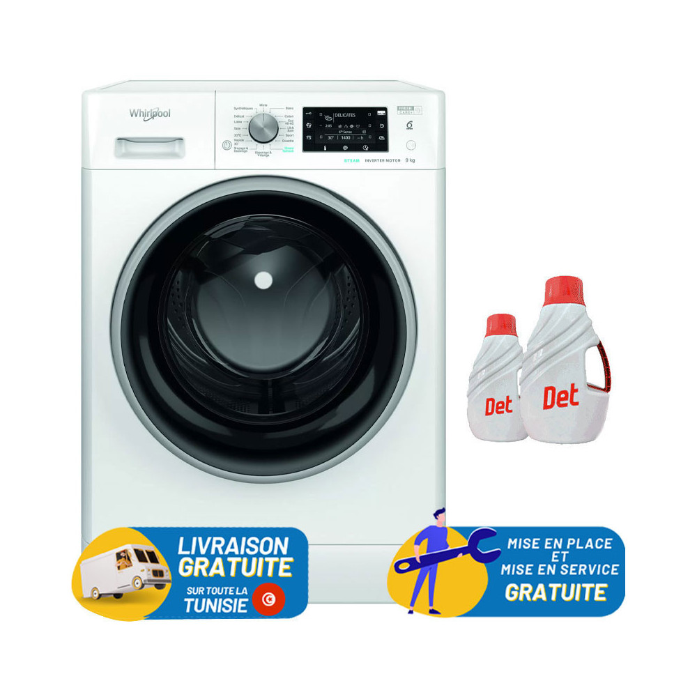 Machine à laver HUBLOT POSABLE Whirlpool FFWD 9248 WBS V NA / 9 Kg / Blanc + Det 2.5L + Det 1L Offerts