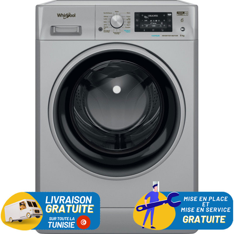 Machine à laver HUBLOT POSABLE Whirlpool FFWD 9248 SBS V NA / 9 Kg / Silver + Det 2.5L + Det 1.5L Offerts