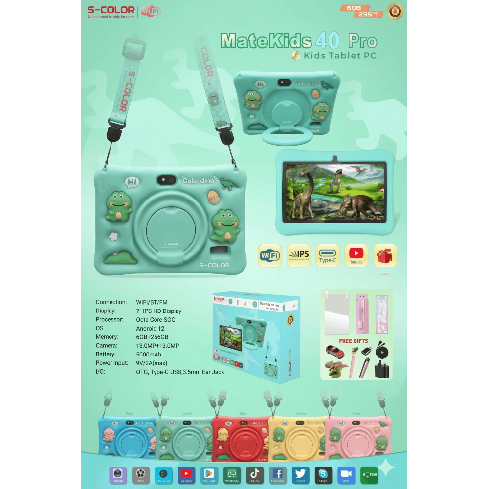 TABLETTE S-COLOR 40 PRO WIFI 6G/256G 7" ETUI + FILM + FREE GIFTS / Vert