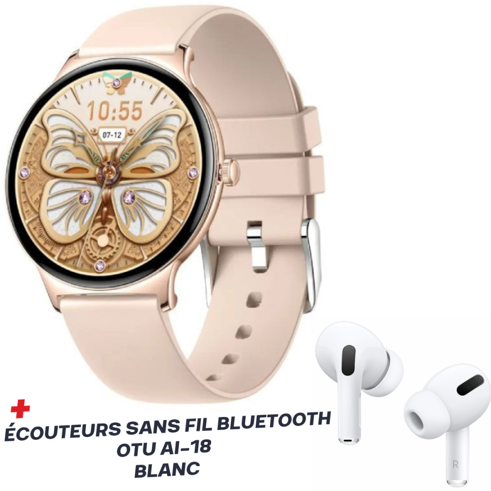Montre Connectée COLMI V89 Silicone / Gold Avec Écouteurs Sans Fil Bluetooth OTU AI-18 Blanc