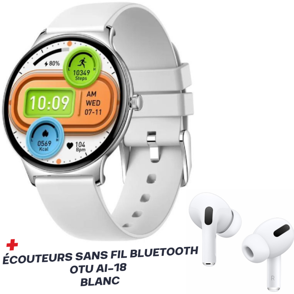 Montre Connectée COLMI V89 Silicone / Gris Avec Écouteurs Sans Fil Bluetooth OTU AI-18 Blanc