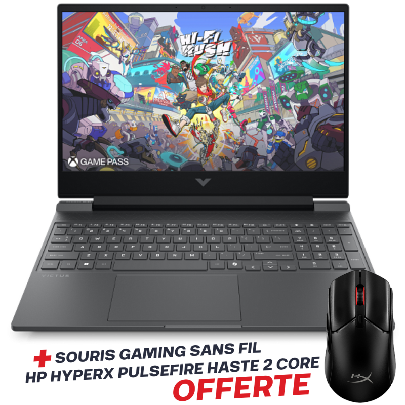 Pc Portable Gamer HP Victus Gaming 15-fb3008nk / Ryzen 5 8645HS / 16 Go DDR5 / 512 Go SSD / Windows 11 / Noir Avec Souris Gaming Sans Fil HP HyperX Pulsefire Haste 2 Core Noir Offerte