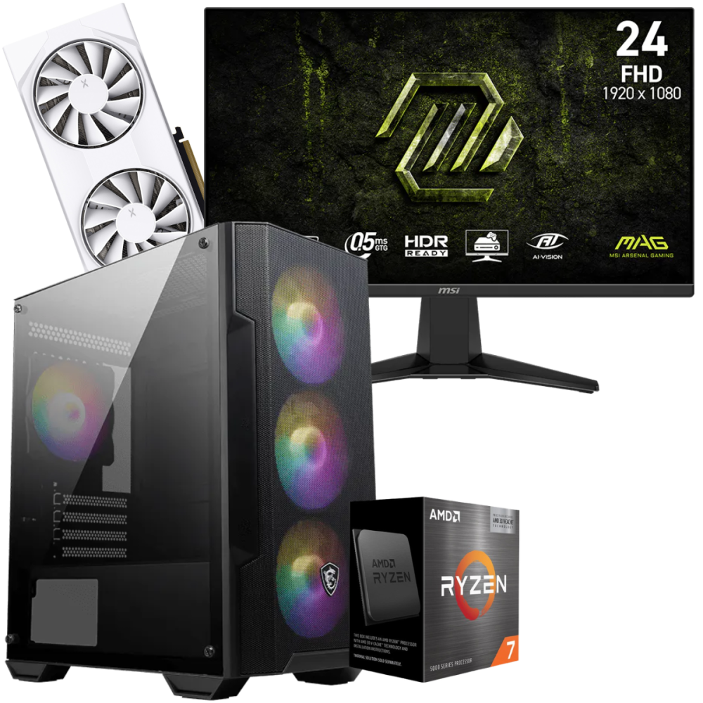 Setup Gamer Special Pc de Bureau Gaming / Ryzen 7 5700 / RX 9060 XT 8G / 16 Go Avec Écran Gaming MSI 24" Full HD IPS / 240 Hz