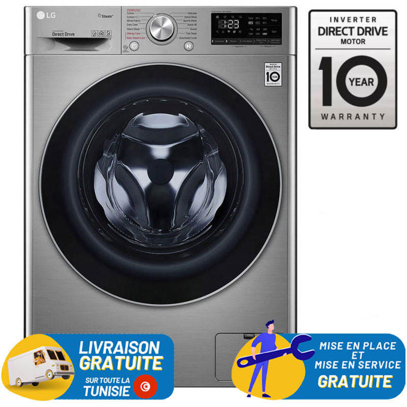 Machine à laver à Vapeur LG 9 Kg / Smart DD 6M / Silver + Gel LILAS Gratuit