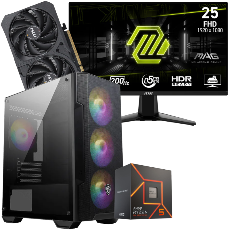 Setup Gamer Special Pc de Bureau Gaming / Ryzen 5 8400F / RTX 5050 8G / 16 Go Avec Écran Gaming MSI MAG 24.5" Full HD IPS / 200 Hz