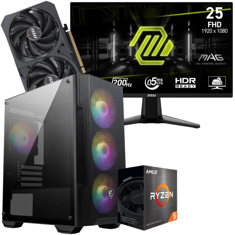 Setup Gamer Special Pc de Bureau Gaming / Ryzen 5 7500F / RTX 5050 8G / 16 Go Avec Écran Gaming MSI MAG 24.5" Full HD IPS / 200 Hz