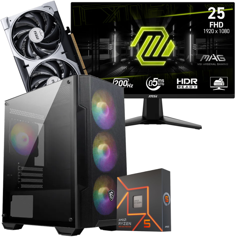 Setup Gamer Special Pc de Bureau Gaming / Ryzen 5 7600X / RTX 5060 8G / 16 Go Avec Écran Gaming MSI MAG 24.5" Full HD IPS / 200 Hz