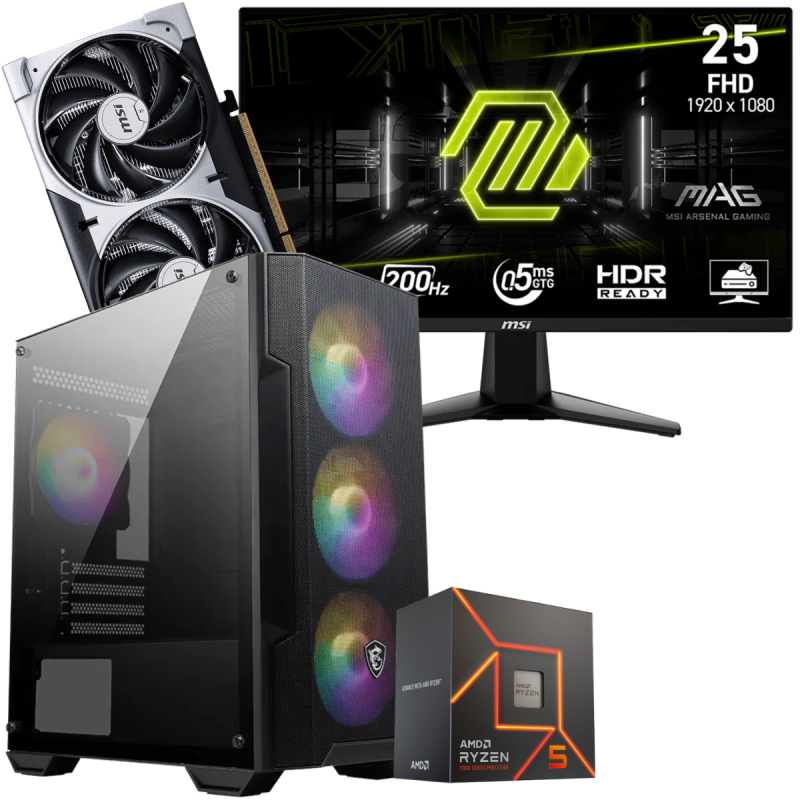 Setup Gamer Special Pc de Bureau Gaming / Ryzen 5 7500F / RTX 5060 8G / 16 Go Avec Écran Gaming MSI MAG 24.5" Full HD IPS / 200 Hz