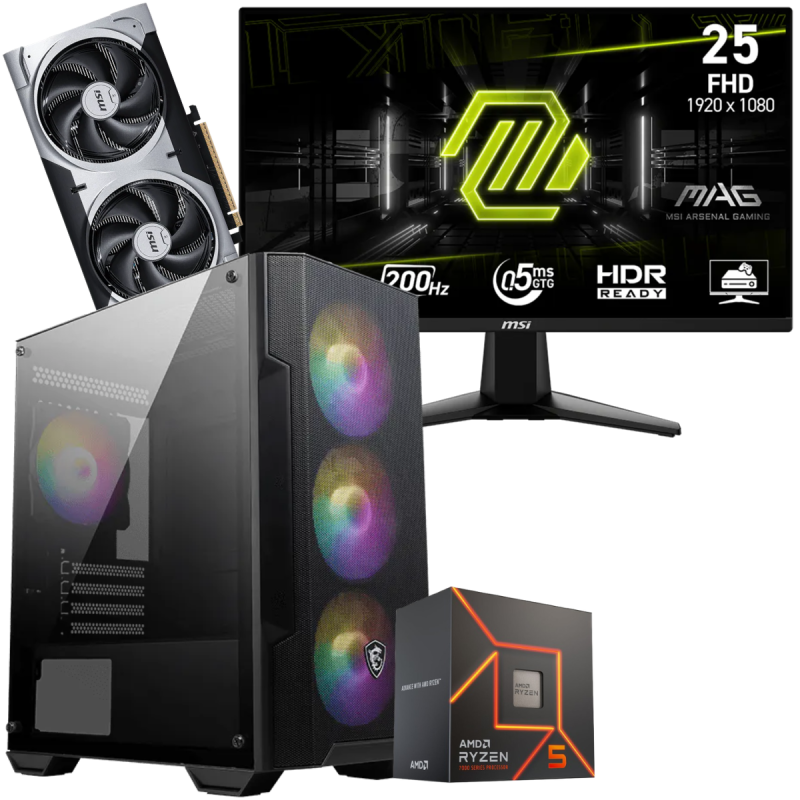 Setup Gamer Special Pc de Bureau Gaming / Ryzen 5 7500F / RTX 5060 Ti 8G / 16 Go Avec Écran Gaming MSI MAG 24.5" Full HD IPS / 200 Hz