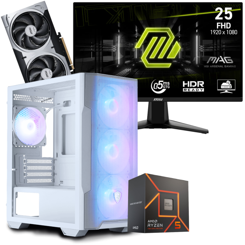Setup Gamer Special Pc de Bureau Gaming / Ryzen 5 7500F / RTX 5060 Ti 8G / 32 Go Avec Écran Gaming MSI MAG 24.5" Full HD IPS / 200 Hz
