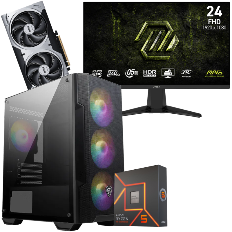 Setup Gamer Special Pc de Bureau Gaming / Ryzen 5 7600X / RTX 5060 Ti 8G / 16 Go Avec Écran Gaming MSI MAG 24" Full HD IPS / 240 Hz