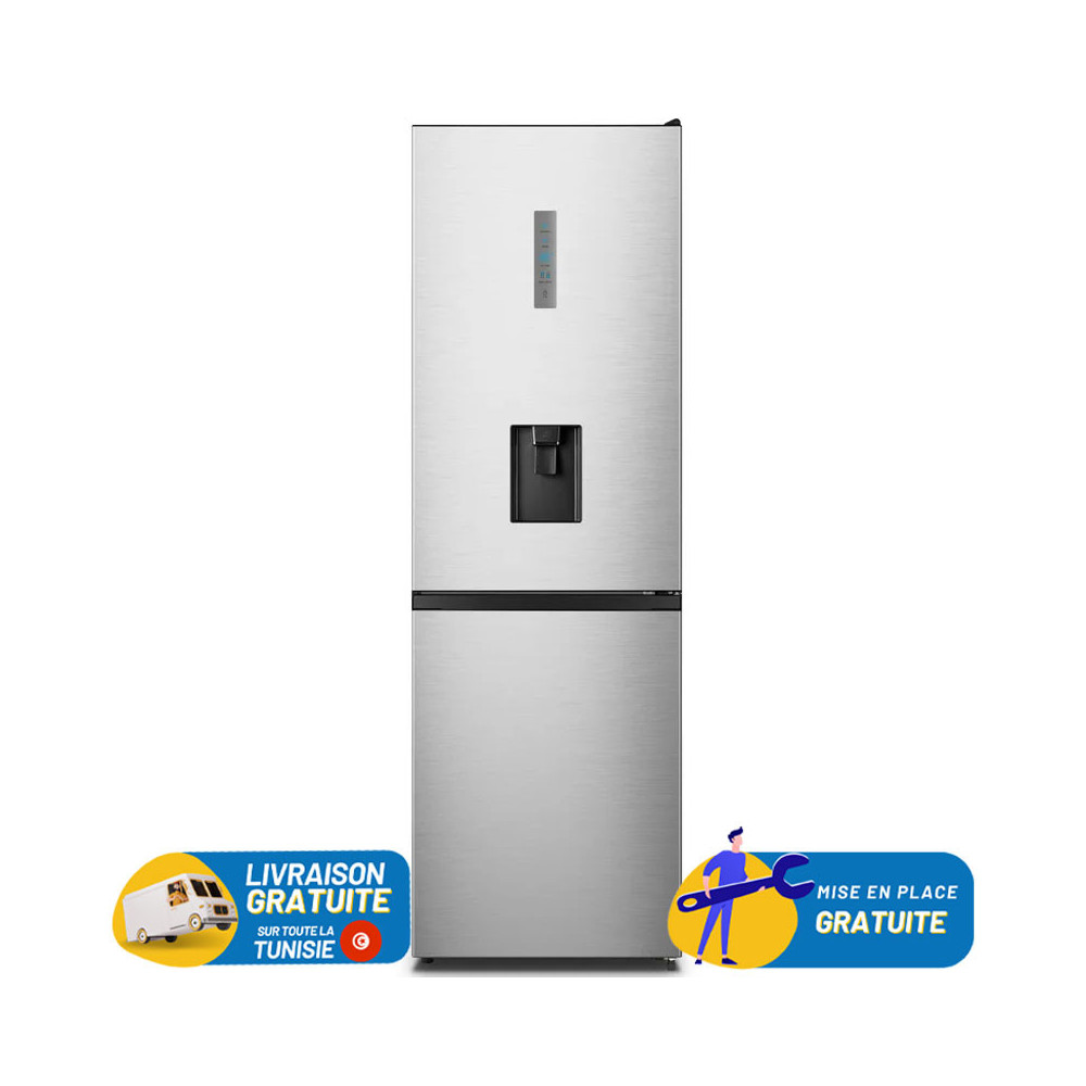 Réfrigérateur HISENSE No Frost Combiné 300 Litres / INOX avec Afficheur et Distributeur d'eau + Blender HISENSE GRATUIT
